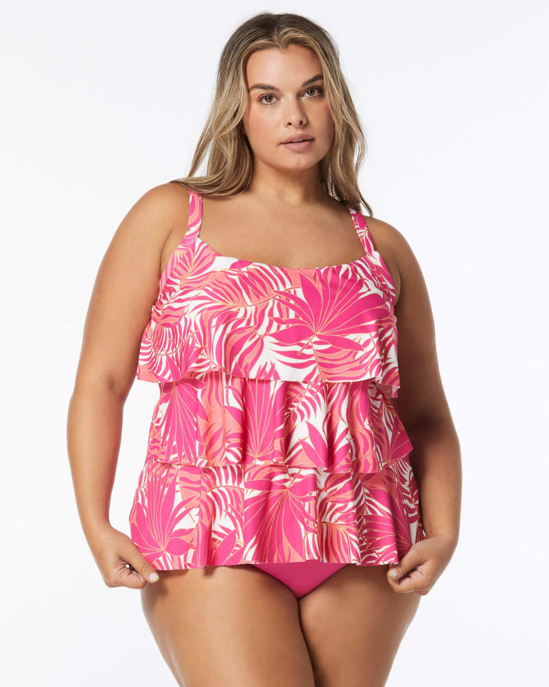 Back of a model wearing a size 18W Jane Ruffle Tankini Top in BEGONIA BL by Beach House Woman. | dia_product_style_image_id:350027